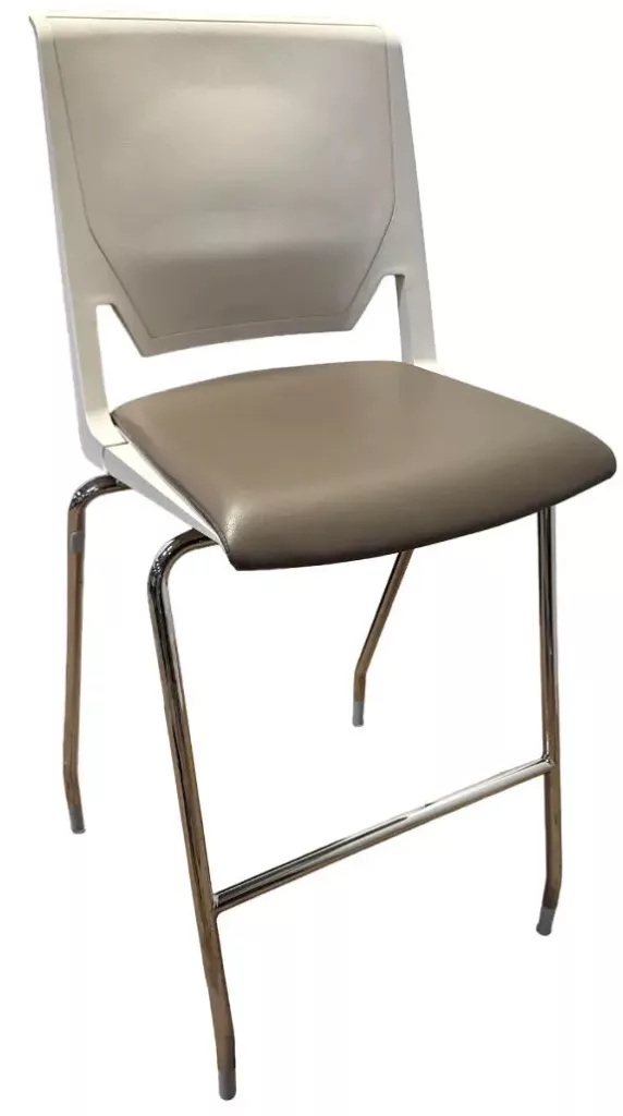 Haworth Very Bar Stool, Brown vinyl seat, white shell, chrome legs.
