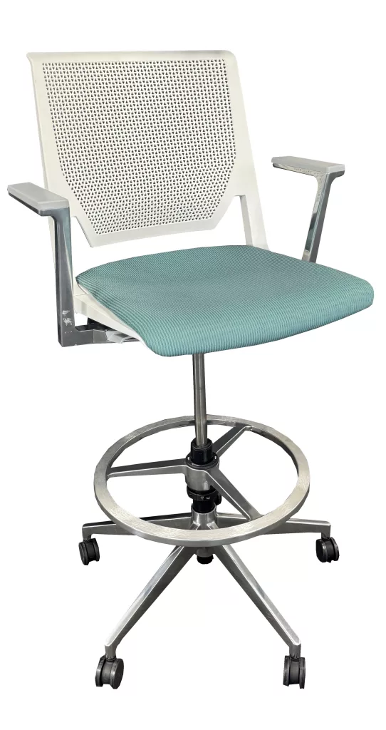 Metal Bar Stool with Chrome Base, White Back, Chrome Arm with Grey Arm Cup, and Aqua Fabric. Manufactured by Haworth, Haworth Very Stool model.