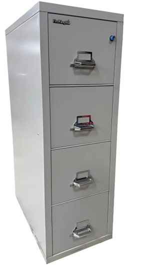 FireKing 4 drawer vertical file, fire rated, letter width, pewter color, good condition. Size: 17 3/4" Wide, 31 9/16" Deep, 52 3/4" High