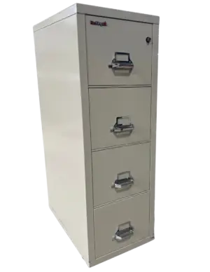 FireKing 4 drawer vertical file, fire rated, letter width, parchment color, very good condition. Size: 17 3/4"Wide, 31 9/16" Deep, 52 3/4" High