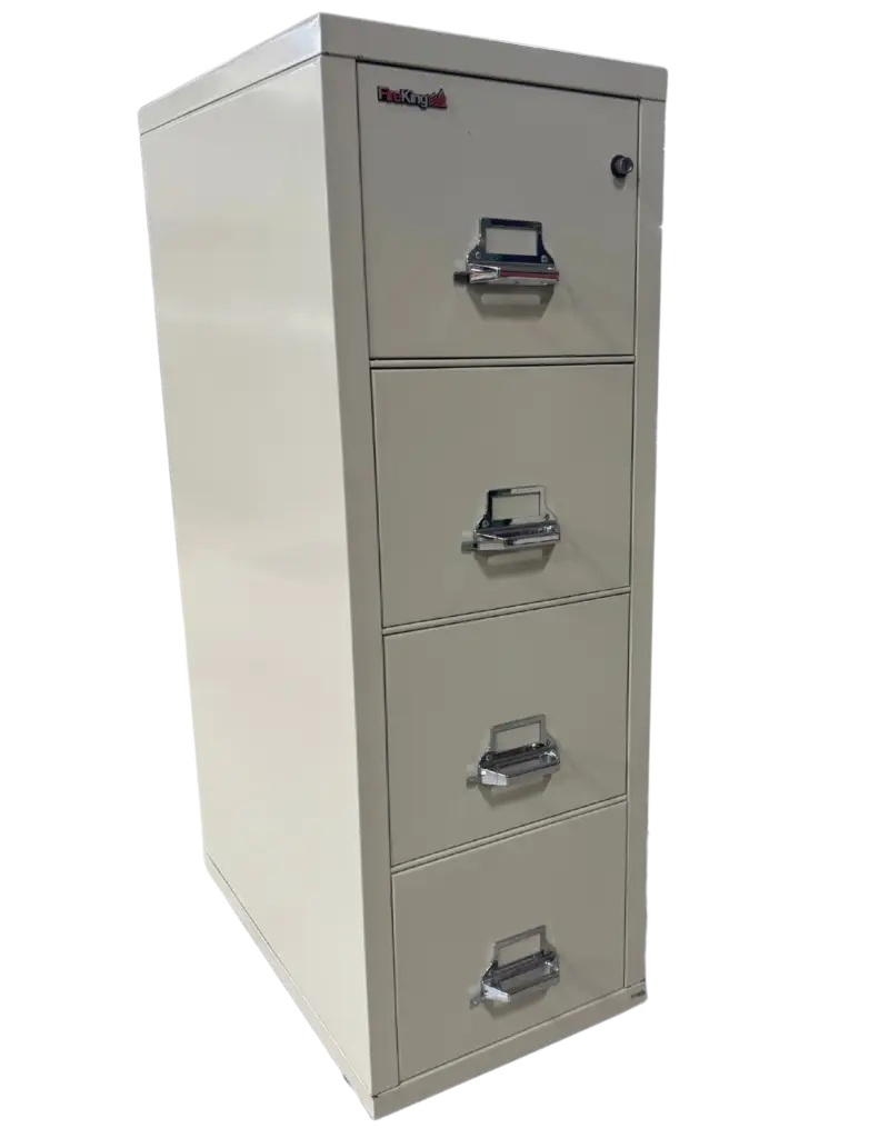 FireKing 4 drawer vertical file, fire rated, letter width, parchment color, very good condition. Size: 17 3/4"Wide, 31 9/16" Deep, 52 3/4" High