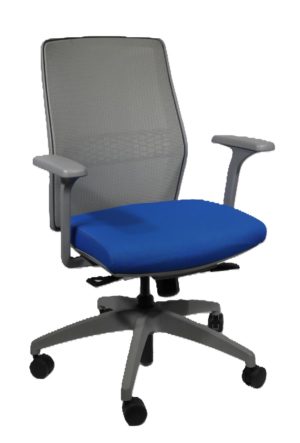 Allsteel Conference Chair; Electric Blue Fabric Seat; Gray Mesh Back, Frame and Base: Pneumatic Lift, Tilt Lock, Seat Slide: Fixed Arms