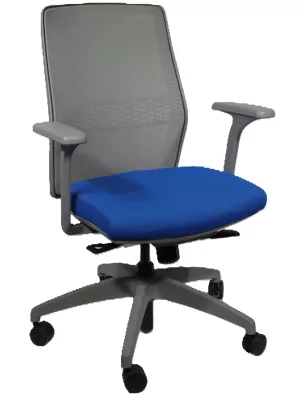 Allsteel Conference Chair; Electric Blue Fabric Seat; Gray Mesh Back, Frame and Base: Pneumatic Lift, Tilt Lock, Seat Slide: Fixed Arms