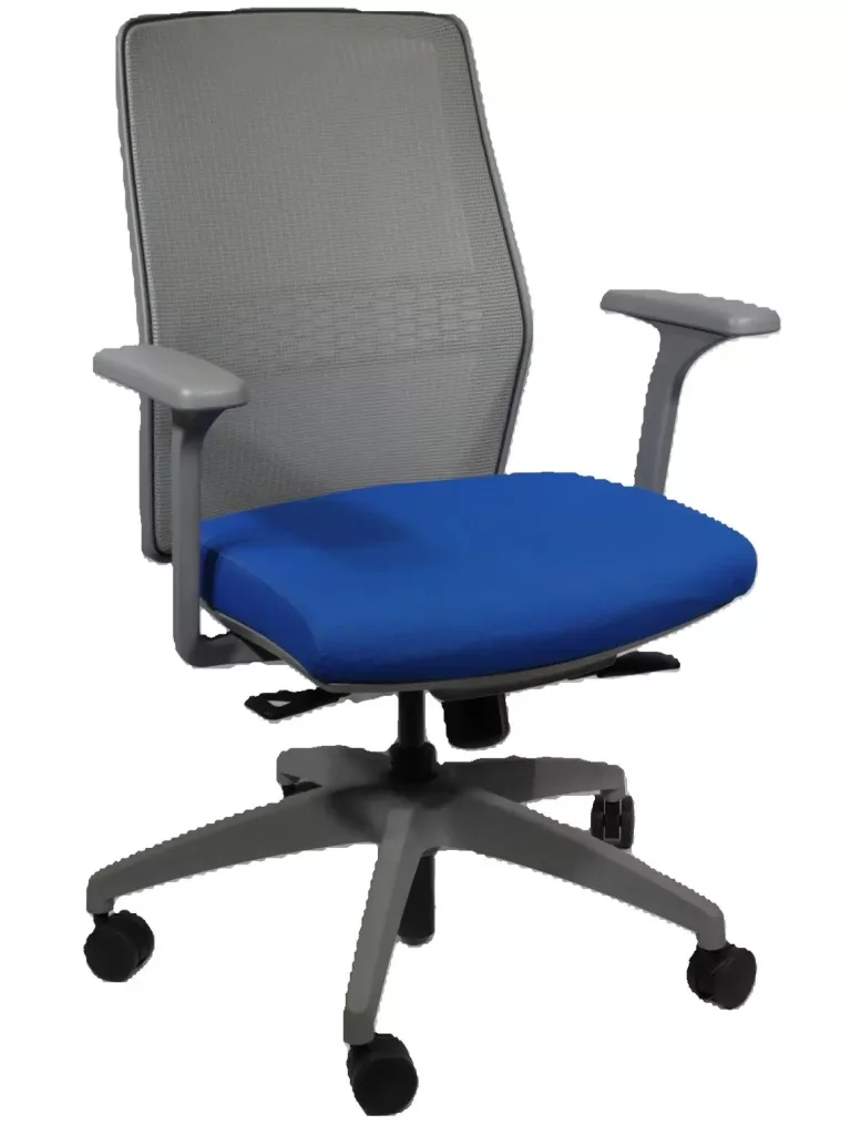 Allsteel Conference Chair; Electric Blue Fabric Seat; Gray Mesh Back, Frame and Base: Pneumatic Lift, Tilt Lock, Seat Slide: Fixed Arms
