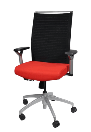 Sit On It Sona Task Chai;, Red Fabric Seat; Black Mesh Adjustable Back; Pneumatic Lift, Tilt Lock; Adjustable Arms, Up/Down, In/Out; Silver Frame and Base