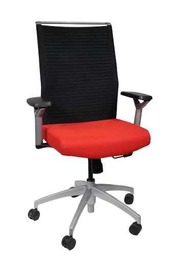 Sit On It Sona Task Chai;, Red Fabric Seat; Black Mesh Adjustable Back; Pneumatic Lift, Tilt Lock; Adjustable Arms, Up/Down, In/Out; Silver Frame and Base