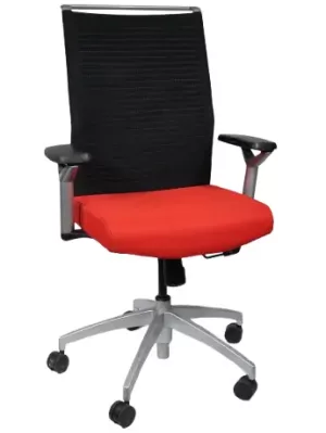 Sit On It Sona Task Chai;, Red Fabric Seat; Black Mesh Adjustable Back; Pneumatic Lift, Tilt Lock; Adjustable Arms, Up/Down, In/Out; Silver Frame and Base