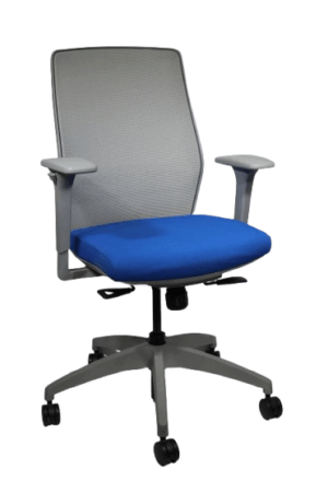 Allsteel Task Chair; Electric Blue Fabric Seat; Gray Mesh Back, Frame and Base; Black Lumbar; Pneumatic Lift, Seat Slide; Adjustable Arms, Up/Down, In/Out
