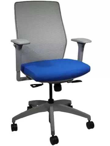 Allsteel Task Chair; Electric Blue Fabric Seat; Gray Mesh Back, Frame and Base; Black Lumbar; Pneumatic Lift, Seat Slide; Adjustable Arms, Up/Down, In/Out