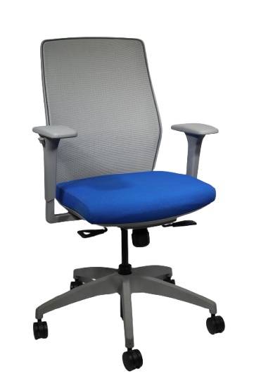 Allsteel Task Chair; Electric Blue Fabric Seat; Gray Mesh Back, Frame and Base; Black Lumbar; Pneumatic Lift, Seat Slide; Adjustable Arms, Up/Down, In/Out