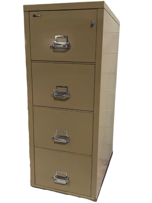 FireKing 4 Drawer Tan File, Fire Rated, Legal Width, Color: Tan, Size: 20 13/16″ Wide, 31 9/16″ Deep, 52 3/4″ High, Condition: Good