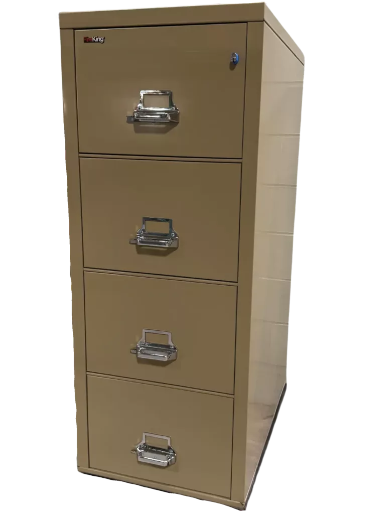 FireKing 4 Drawer Tan File, Fire Rated, Legal Width, Color: Tan, Size: 20 13/16″ Wide, 31 9/16″ Deep, 52 3/4″ High, Condition: Good