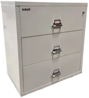 FireKing 3 Drawer Champaign File, 3 Drawer Lateral File, Fire Rated, Color: Champaign, Size: 37 7/16″ Wide, 22 1/8″ Deep, 40 1/4″ High, Condition: Very Good