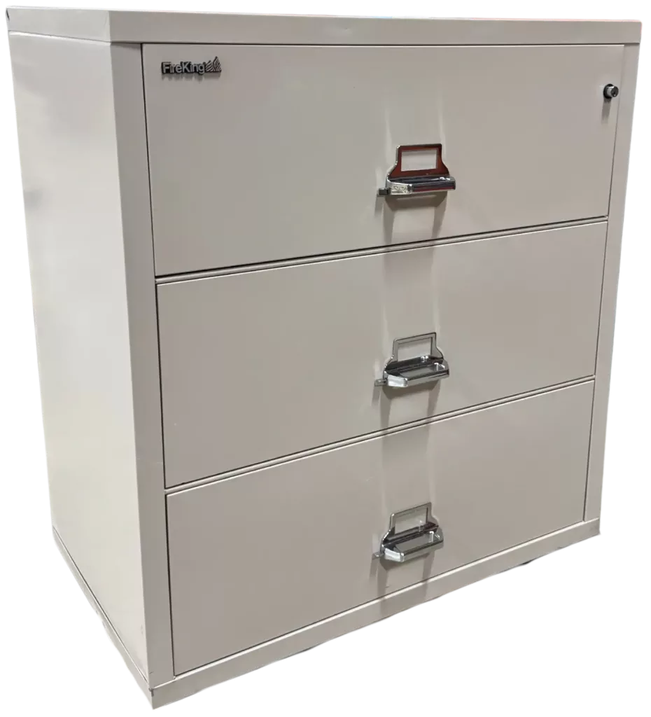 FireKing 3 Drawer Champaign File, 3 Drawer Lateral File, Fire Rated, Color: Champaign, Size: 37 7/16″ Wide, 22 1/8″ Deep, 40 1/4″ High, Condition: Very Good