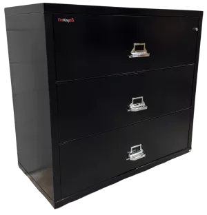 FireKing 3 Drawer Black Lateral File, Fire Rated, Color: Black, Size: 44 7/16″ Wide, 22 1/8″ Deep, 40 1/4″ High, Condition: Very Good