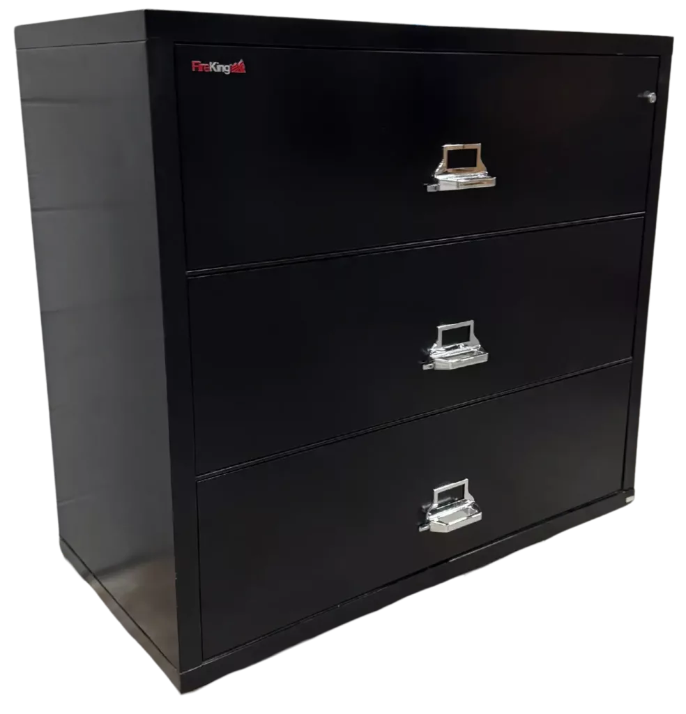 FireKing 3 Drawer Black Lateral File, Fire Rated, Color: Black, Size: 44 7/16″ Wide, 22 1/8″ Deep, 40 1/4″ High, Condition: Very Good