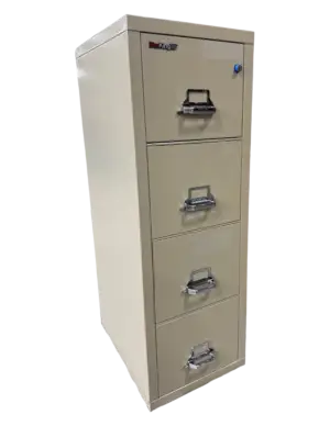 FireKing 4 Drawer Vertical File, Fire Rated, Letter Width, Color: Sand, Size: 17 3/4″ Wide, 25 1/16″ Deep, 52 3/4″ High, Condition: Very Good
