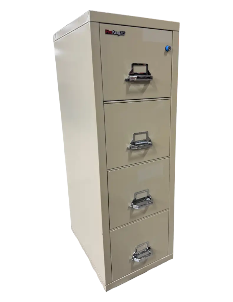 FireKing 4 Drawer Vertical File, Fire Rated, Letter Width, Color: Sand, Size: 17 3/4″ Wide, 25 1/16″ Deep, 52 3/4″ High, Condition: Very Good