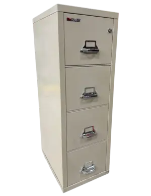 FireKing 4 Drawer Parchment File, Fire Rated, Letter Width, Color: Parchment, Size: 17 3/4″ Wide, 25 1/16″ Deep, 52 3/4″ High, Condition: Very Good