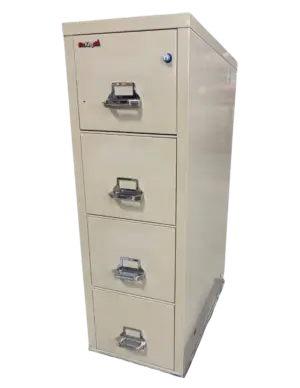 FireKing 4 drawer vertical file, fire rated, letter width, parchment color, very good condition. Size: 17 3/4" Wide, 31 9/16" Deep, 52 3/4" High