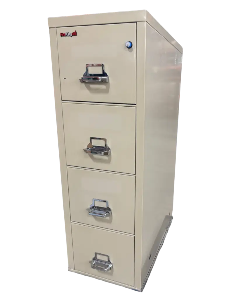 FireKing 4 drawer vertical file, fire rated, letter width, parchment color, very good condition. Size: 17 3/4" Wide, 31 9/16" Deep, 52 3/4" High