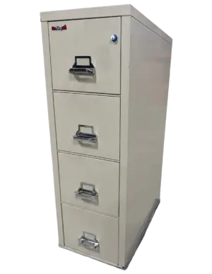 FireKing 4 drawer vertical file, fire rated, letter width, parchment color, very good condition. Size: 17 3/4" Wide, 31 9/16" Deep, 52 3/4" High