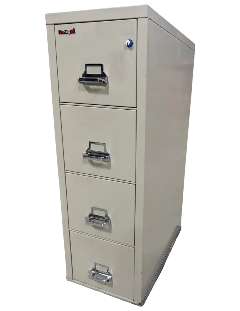 FireKing 4 drawer vertical file, fire rated, letter width, parchment color, very good condition. Size: 17 3/4" Wide, 31 9/16" Deep, 52 3/4" High