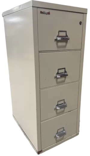 FireKing 4 Drawer Parchment File, Fire Rated, Legal Width, Color: Parchment, Size: 20 13/16″ Wide, 31 9/16″ Deep, 52 3/4″ High, Condition: Good