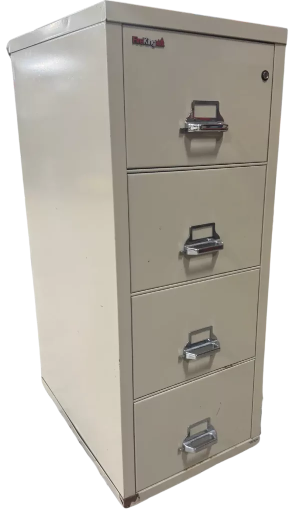 FireKing 4 Drawer Parchment File, Fire Rated, Legal Width, Color: Parchment, Size: 20 13/16″ Wide, 31 9/16″ Deep, 52 3/4″ High, Condition: Good