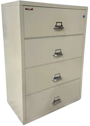 FireKing 4 Drawer Sand Lateral File, Fire Rated, Color Sand, Size: 37 7/16″ Wide, 22 1/8″ Deep, 52 3/4″ High, Condition: Very Good
