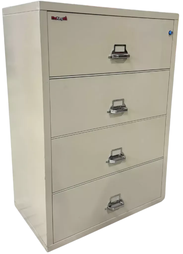 FireKing 4 Drawer Sand Lateral File, Fire Rated, Color Sand, Size: 37 7/16″ Wide, 22 1/8″ Deep, 52 3/4″ High, Condition: Very Good
