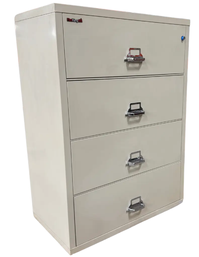 FireKing 4 Drawer Parchment Lateral File, Fire Rated, Color: Parchment, Size: 37 7/16″ Wide, 22 1/8″ Deep, 52 3/4″ High Condition: Very Good