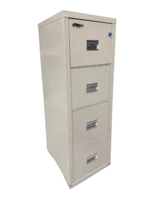 FireKing 4 drawer vertical file, fire rated, letter width, parchment color, good condition. Size: 17 3/4" Wide, 22 1/8" Deep, 52 3/4" High