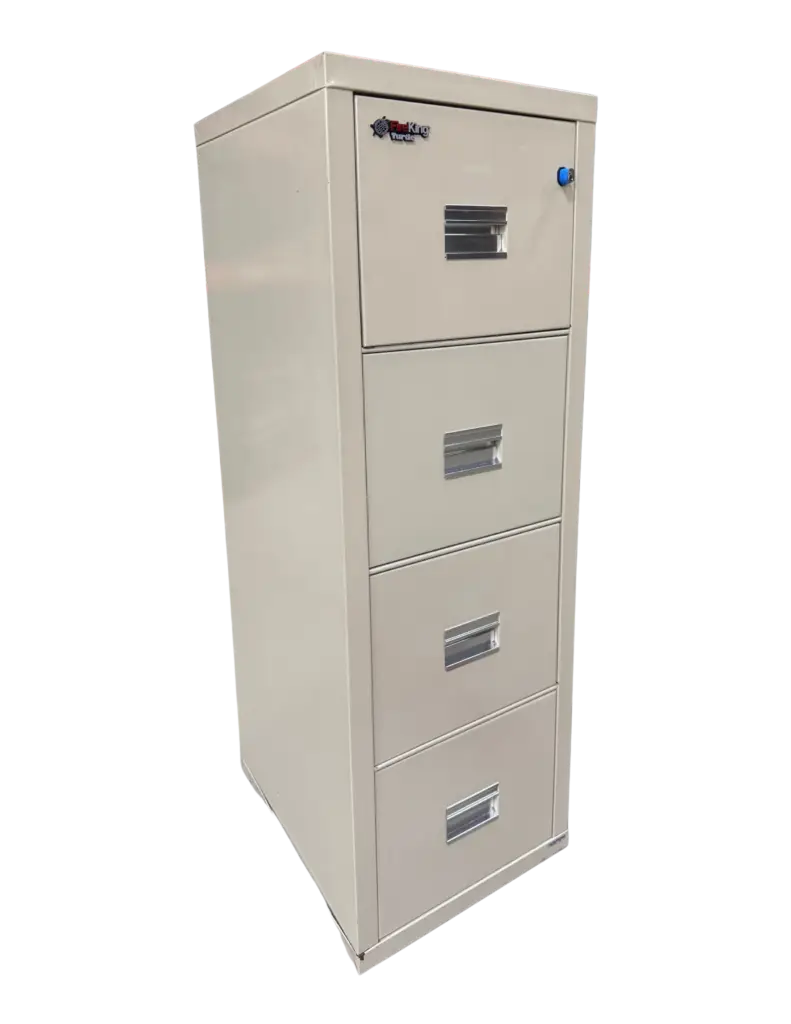 FireKing 4 drawer vertical file, fire rated, letter width, parchment color, good condition. Size: 17 3/4" Wide, 22 1/8" Deep, 52 3/4" High