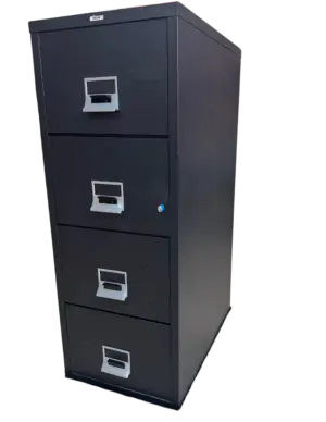 Victor 4 Drawer Parchment File, Vertical File, Fire Rated, Legal Width, Color: Flat Black, Size: 20 5/16" Wide, 30 1/2" Deep, 54" High, Condition: Very Good