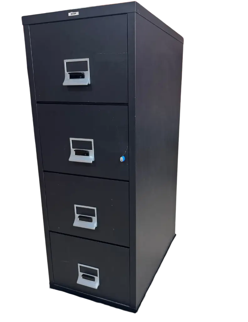 Victor 4 Drawer Parchment File, Vertical File, Fire Rated, Legal Width, Color: Flat Black, Size: 20 5/16" Wide, 30 1/2" Deep, 54" High, Condition: Very Good