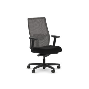 Black ergonomic office chair with a mesh backrest, padded seat, adjustable armrests, and a five-wheel base