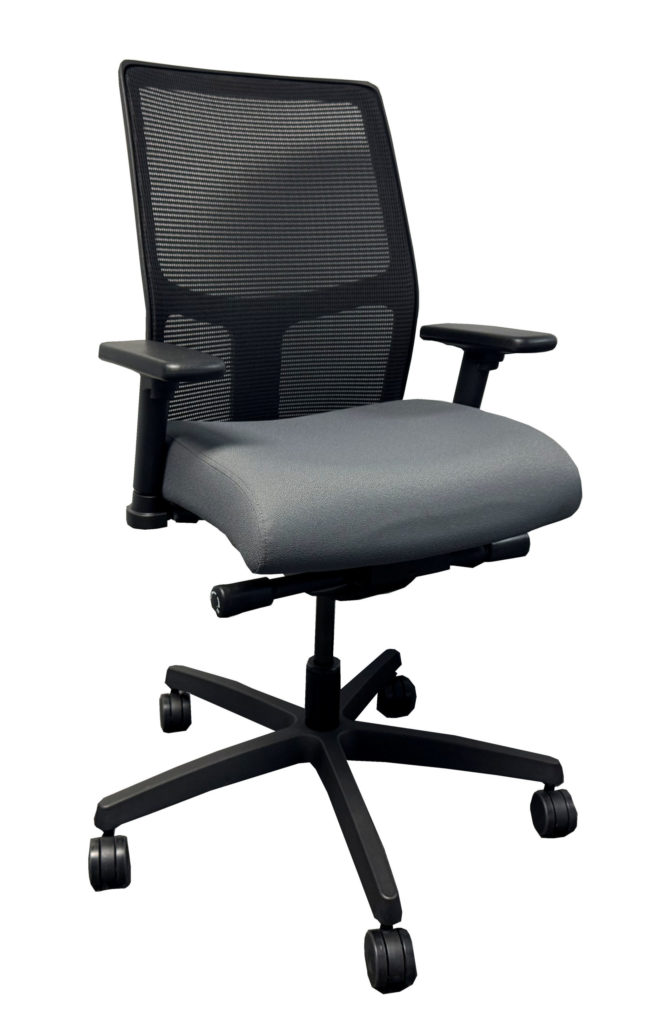 HON Grey Chair; Black Mesh Mid Back; Grey Fabric Seat w/Seat Slide; Adjustable Arms; Tilt Lock