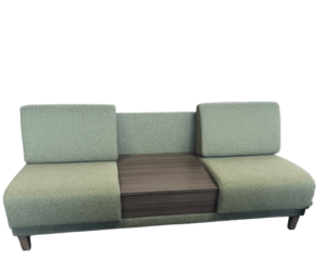 HON (Grove) Two-Seat Lounge; Grove Two Seat w/Table; Fabric: Murmur Biome; Textured Charcoal Tapered Leg; Laminate: Skyline Walnut