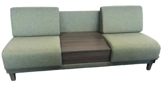 HON (Grove) Two-Seat Lounge; Grove Two Seat w/Table; Fabric: Murmur Biome; Textured Charcoal Tapered Leg; Laminate: Skyline Walnut
