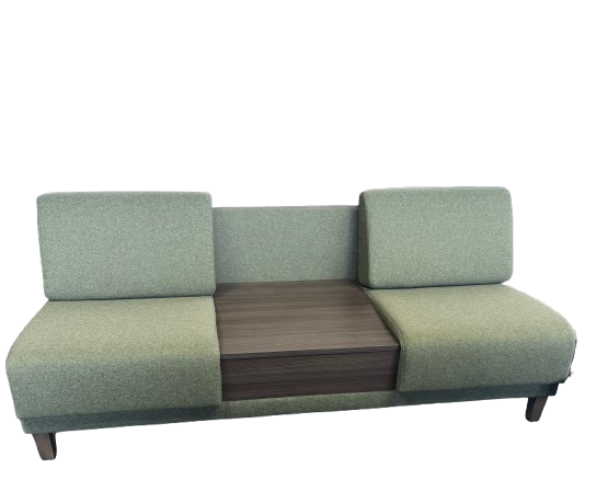 HON (Grove) Two-Seat Lounge; Grove Two Seat w/Table; Fabric: Murmur Biome; Textured Charcoal Tapered Leg; Laminate: Skyline Walnut