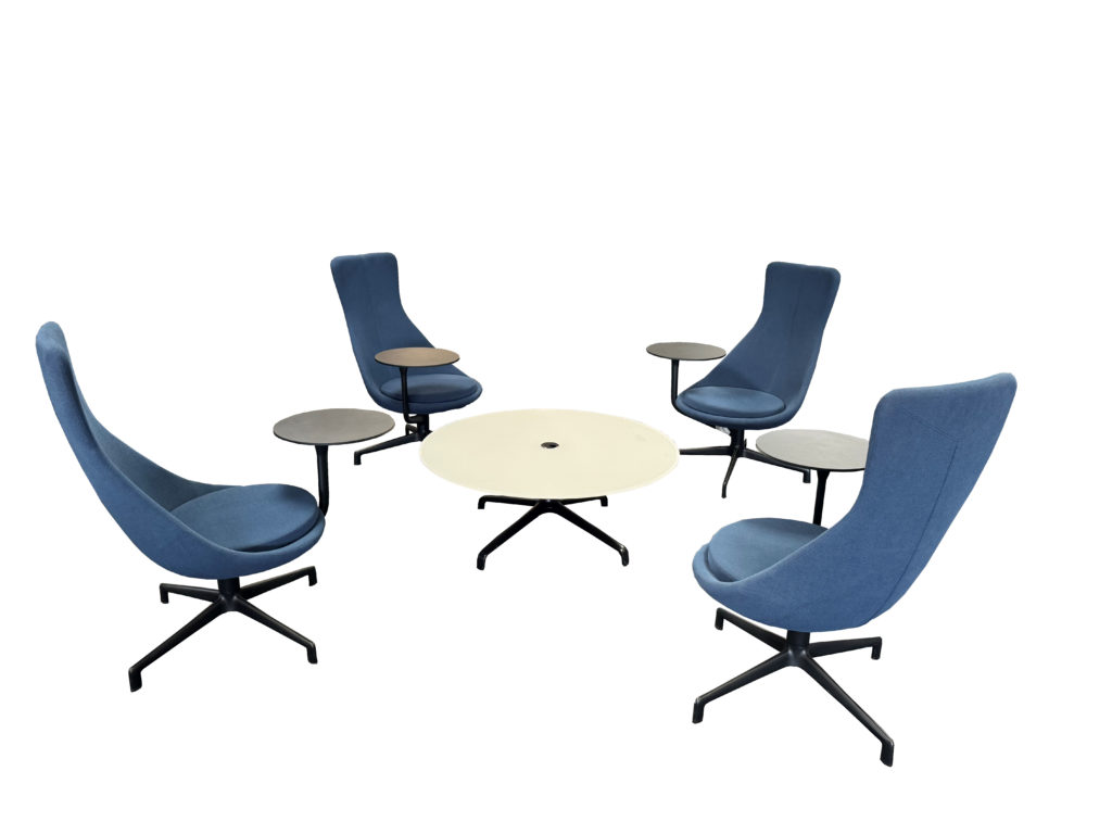 Keil Hauer Chair Set with Table:, Chair color: Blue, Black Tablet Arms swivel left and right : 42" round, 16" high White Table