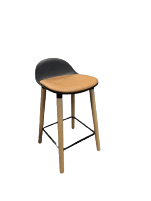 Kin Counter Stool; Counter Height, Low Back; Color: Off Black Frame; Self Leveling Glides; Seat Color: Spralding Whisper Cognac