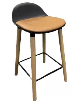 Kin Counter Stool; Counter Height, Low Back; Color: Off Black Frame; Self Leveling Glides; Seat Color: Spralding Whisper Cognac