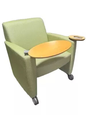 Haworth Lounge Chair, Sage Green Fabric, Tablet Arm, Casters