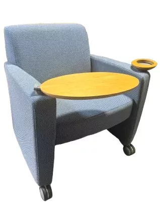Haworth Lounge Chair, Blue Fabric, Tablet Arm, Casters