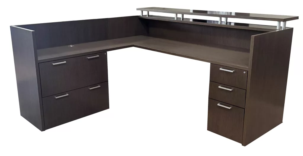 OFS Reception Desk, 84" L x 78" W, Left Hand Desk, MGO Steel Oak Laminate