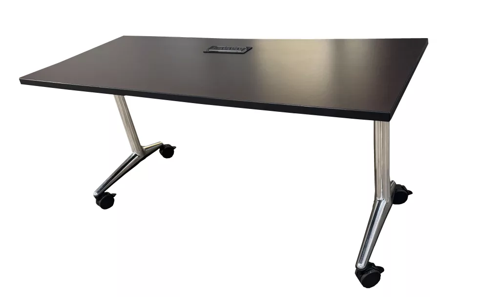 Training Table w/Casters, 24" X 60", Laminate: Walnut, Edge Band: Black, Base: Chrome, Power Port