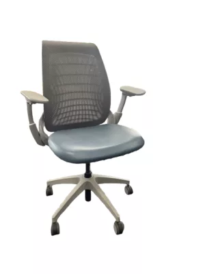 Allsteel Task Chair, Adjustable Arms, Grey Mix Mesh Back, Blue Vinyl Seat, Smoke Frame, Tilt Loc