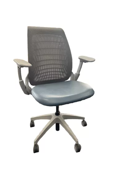 Allsteel Task Chair, Adjustable Arms, Grey Mix Mesh Back, Blue Vinyl Seat, Smoke Frame, Tilt Loc